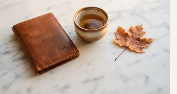 A leather passport cover, a cup of tea, and a maple leaf on marble